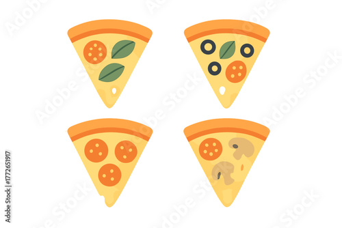 Four triangular slices of pizza featuring popular toppings like pepperoni and mushrooms