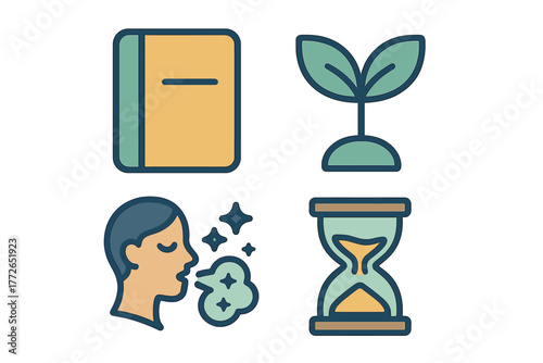 Essential symbols representing education, personal growth, health, and time management concepts