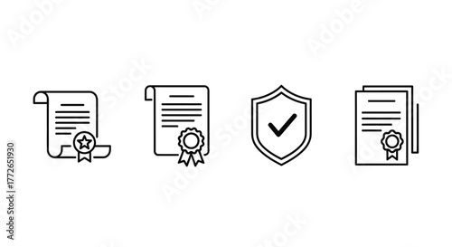 Hand drawn icons of certificates awards and shield with checkmark for quality assurance and security vector