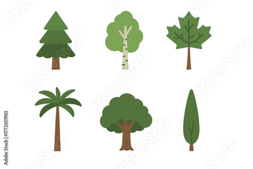Stylized collection of six trees representing pine, birch, maple, and palm species
