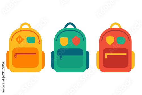 A row of three vibrant school backpacks in yellow, green, and red colors ready for education