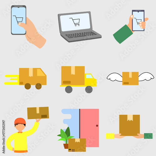 Digital shopping illustration set. Mobile purchases and delivery process 