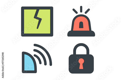 Security and alarm system symbols featuring broken glass, flashing siren, wireless sensor, and locked padlock