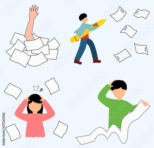 Collection of illustrations showing heavy workload, stress, and feeling overwhelmed by multiple tasks. Long list task