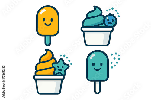 Cute smiling frozen desserts collection featuring popsicles and soft serve cups