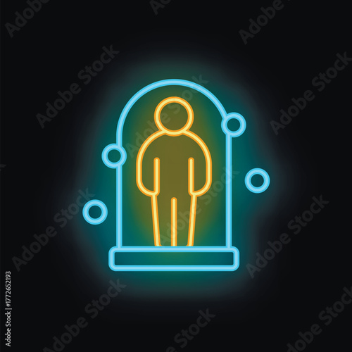 Neon sign of a man practicing social distancing by standing inside a glowing circle