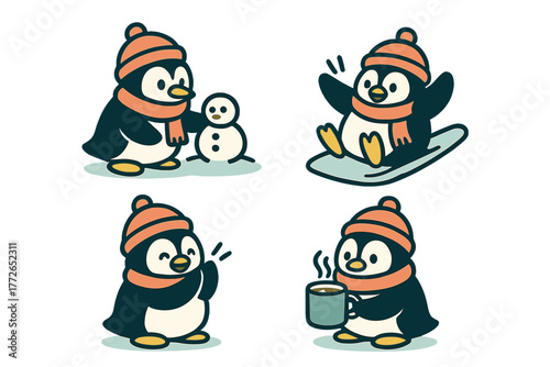Four adorable cartoon penguins wearing winter hats and scarves enjoying seasonal activities