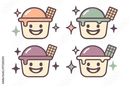 Adorable smiling ice cream cups with colorful scoops and wafer sticks dessert