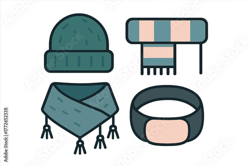 Set of winter clothing accessories including knit beanie, striped scarf, shawl, and neck warmer