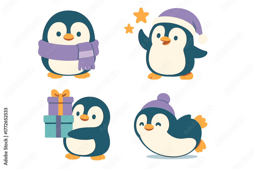Obraz premium Adorable cartoon penguins wearing winter hats and scarves holding gifts and celebrating