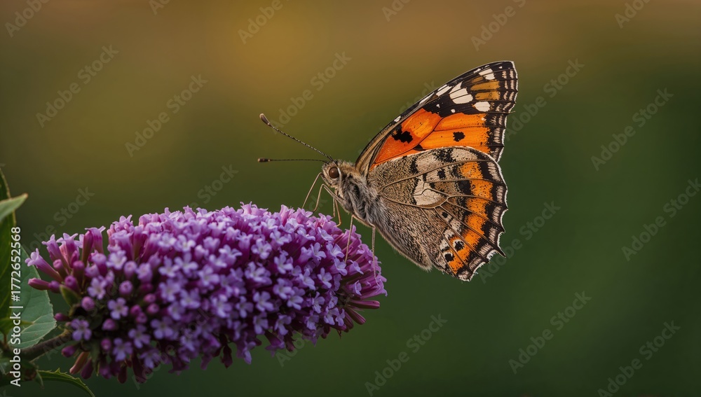 Obraz premium Orange and black butterfly feeding on purple Buddleja davidii blossoms during sunset