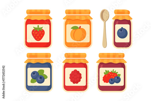 Assortment of six glass jars filled with homemade fruit preserves and a wooden spoon