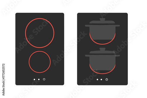 Modern black induction cooktop panel showing heating zones, displayed empty and with dark cooking pots