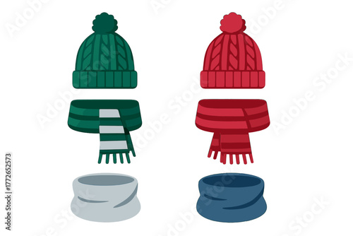 Colorful knitted winter hats, scarves, and neck warmers fashion accessories set