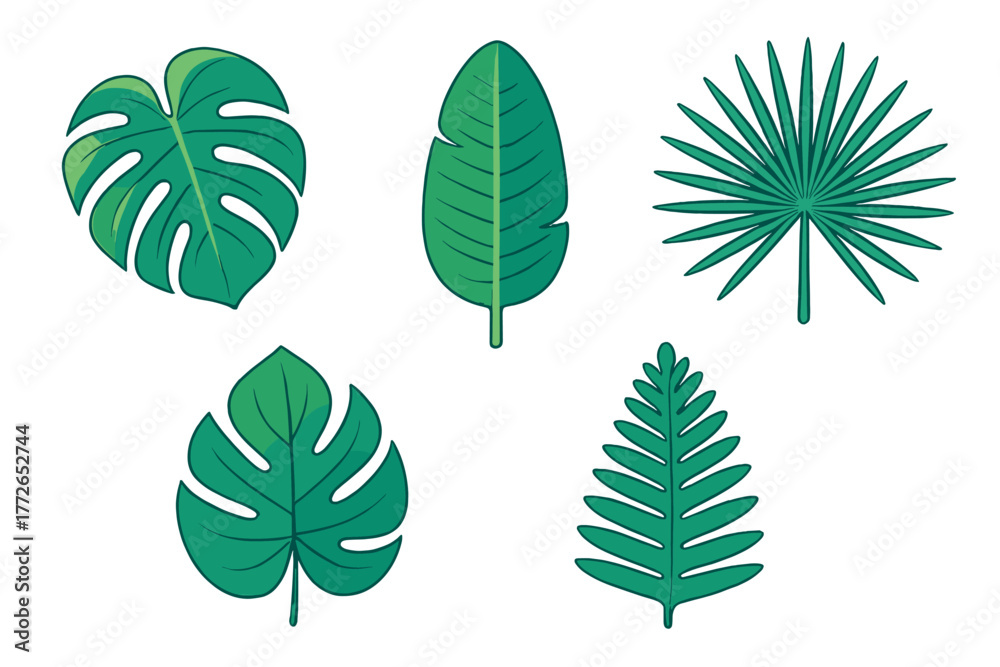 Fototapeta premium Collection of various green tropical jungle leaves and exotic foliage elements on a white background