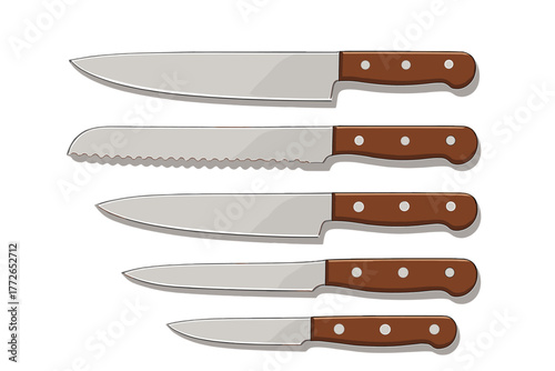 Essential set of five stainless steel kitchen knives with brown wooden handles