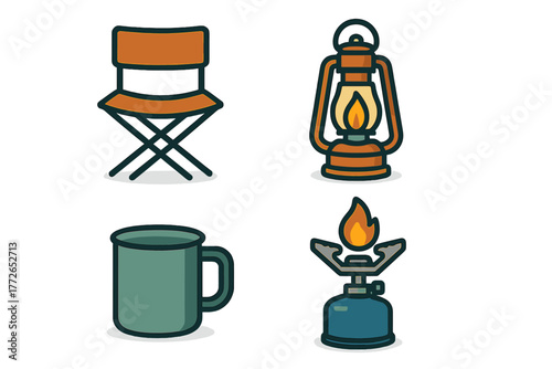 Essential outdoor equipment set featuring a folding chair, lantern, mug, and portable stove