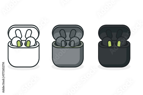 Three sets of modern wireless in-ear headphones in charging cases with color variations