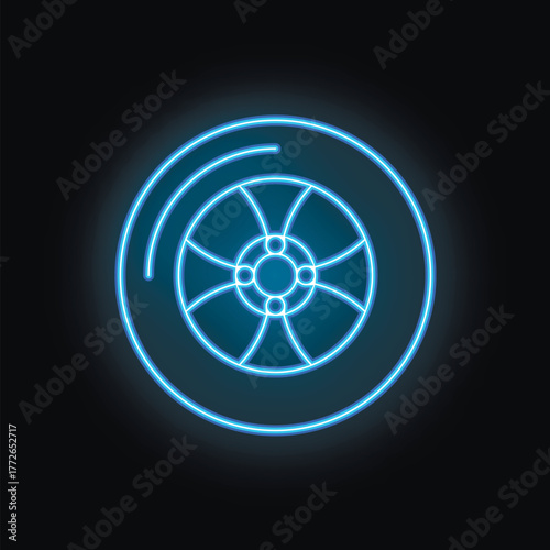 Blue neon sign of a car wheel with a disk brake glowing on a black background