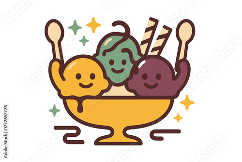 Cute cartoon ice cream sundae with three scoops and happy faces in a golden bowl