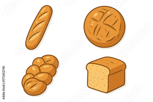 Assortment of freshly baked goods including baguette, round loaf, braided bread, and sliced sandwich bread
