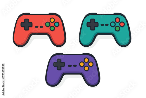 Three colorful retro style video game controllers for console gaming entertainment