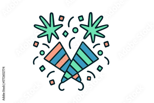 Colorful exploding party poppers releasing confetti and star shapes for festive occasions