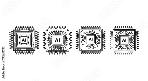 Four ai microchip processors with complex circuits representing artificial intelligence technology vector