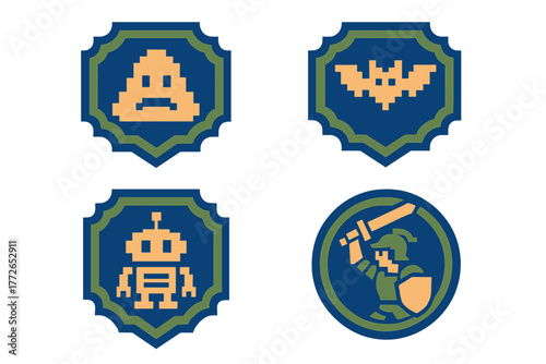 Four retro pixelated gaming badges with fantasy and sci-fi characters on blue shields