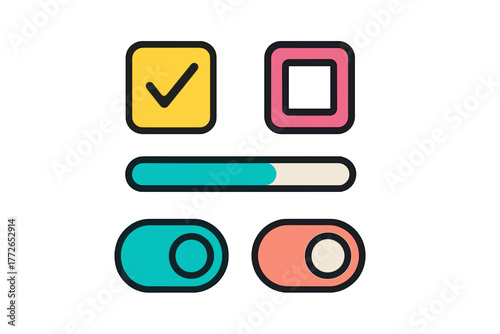 Colorful set of essential user interface controls including checkmark box, empty square, progress bar, and toggle switches