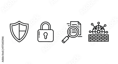 Cybersecurity icons shield lock search document network firewall digital protection security concept vector