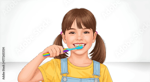 A Young Girl Brushing Her Teeth with a Rainbow Toothbrush, Promoting Good Oral Hygiene Habits
