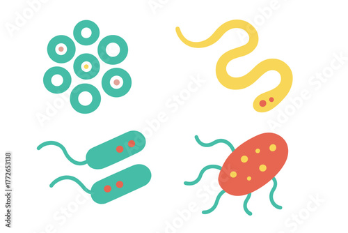 Colorful microscopic bacteria shapes set including cocci, bacilli, and spirilla forms