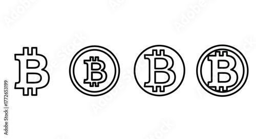 Four distinct bitcoin cryptocurrency symbols outline line art icon set vector