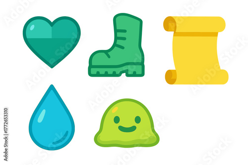 Colorful fantasy game icons set featuring heart boot scroll and slime monster