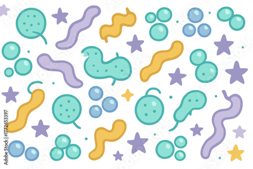 Colorful microscopic organisms and abstract shapes forming a playful seamless pattern