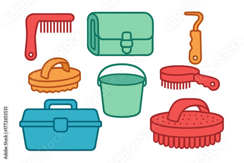 Colorful set of essential horse grooming tools including brushes, comb, hoof pick, and bucket
