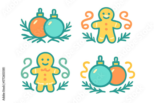 Colorful Christmas baubles and smiling gingerbread cookies arranged with festive winter foliage and decorative swirls