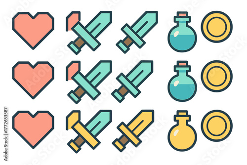 Retro pixel art style game assets collection featuring hearts, swords, potions, and gold coins