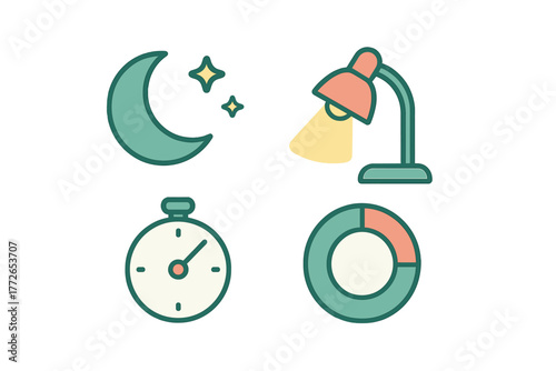 Moon, lamp, stopwatch, and pie chart symbols representing business and lifestyle concepts