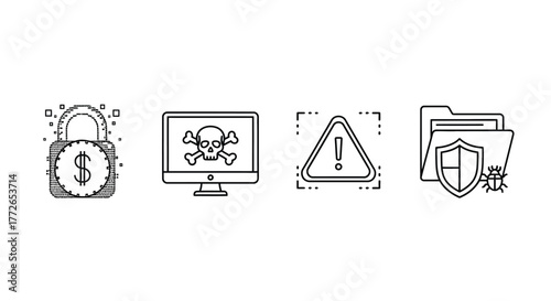 Cybersecurity icons set lock monitor danger warning folder shield data protection security concepts vector