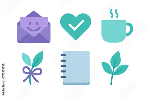 Set of six flat design icons: smiling envelope, checked heart, coffee mug, notebook, and green leaves