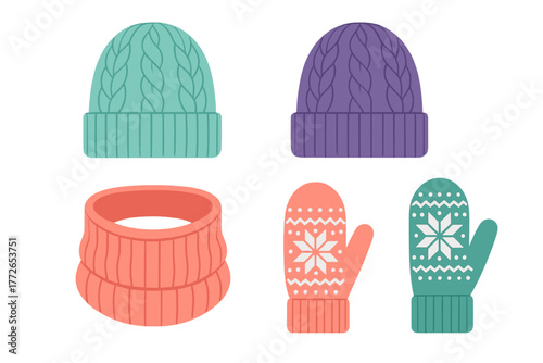 Colorful knitted winter hats, mittens, and neck warmer accessories collection