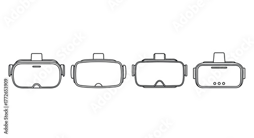 Four diverse virtual reality vr headsets detailed line art isolated on vector