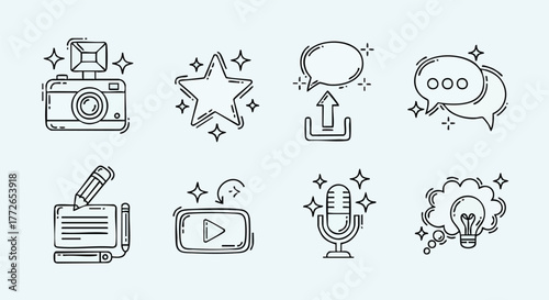 Handdrawn style icons representing various digital content creation and communication concepts.