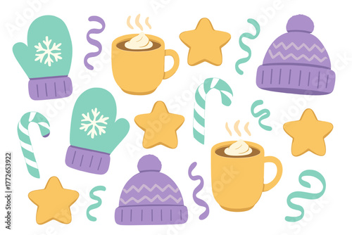 Cozy winter holiday elements set including mittens, hats, hot chocolate mugs, candy canes, and star cookies