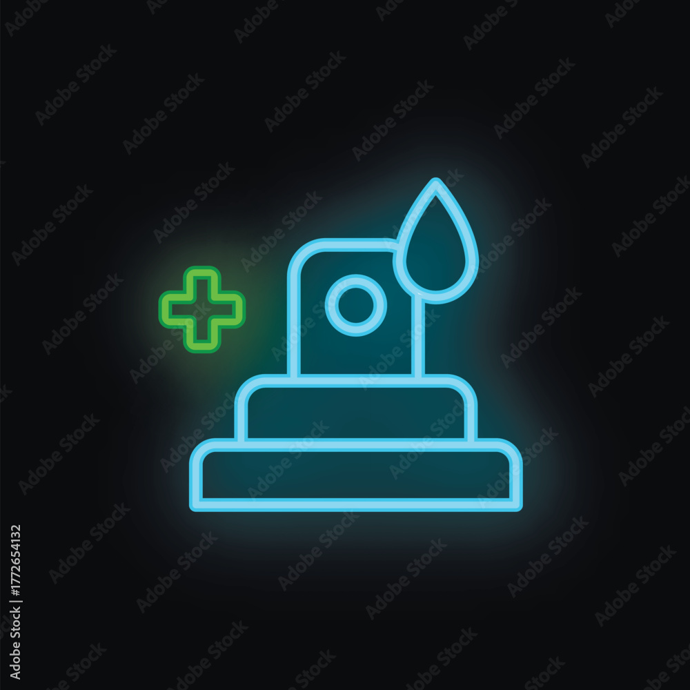 Fototapeta premium Neon sign depicting a water dispenser adding a drop of water to a glass with a black background