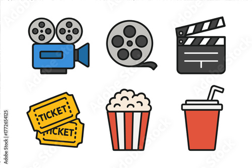 Colorful cinema and movie production elements: camera, clapperboard, tickets, popcorn, soda