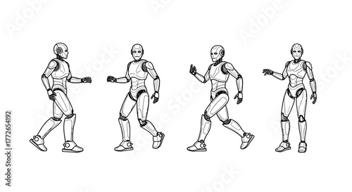 Robotic humanoid figures in dynamic poses walking running futuristic scifi technology vector