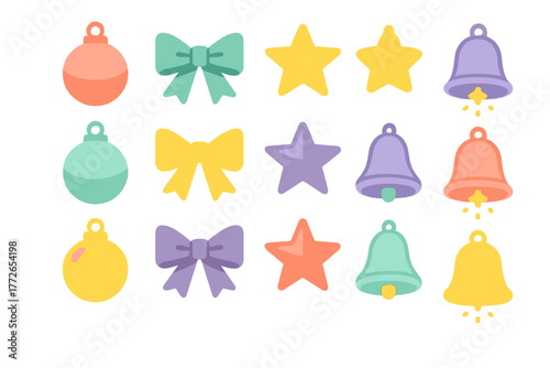 Pastel colored collection of Christmas ornaments including bells, stars, bows, and baubles